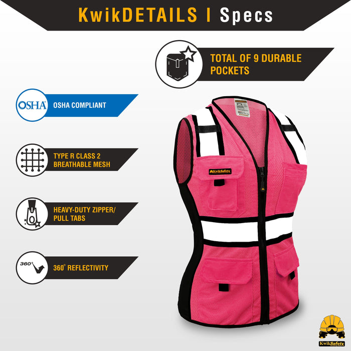 KwikSafety PINK LADY Safety Vest for Women (SNUG-FIT) Hi Vis Reflective PPE Surveyor - Model No.: KS3319PL - KwikSafety