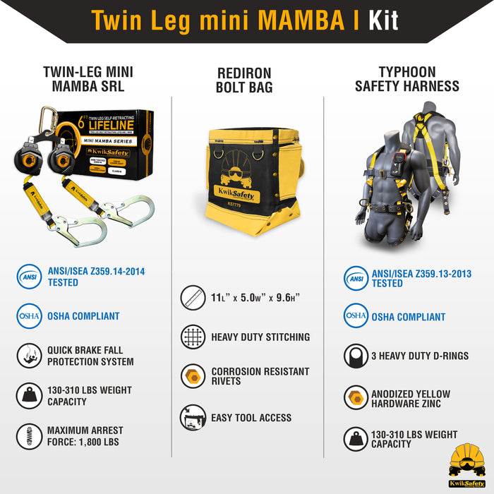KwikSafety mini MAMBA Twin Leg 6' Self Retracting Lifeline, Web - Model No.: KS7931 - KwikSafety