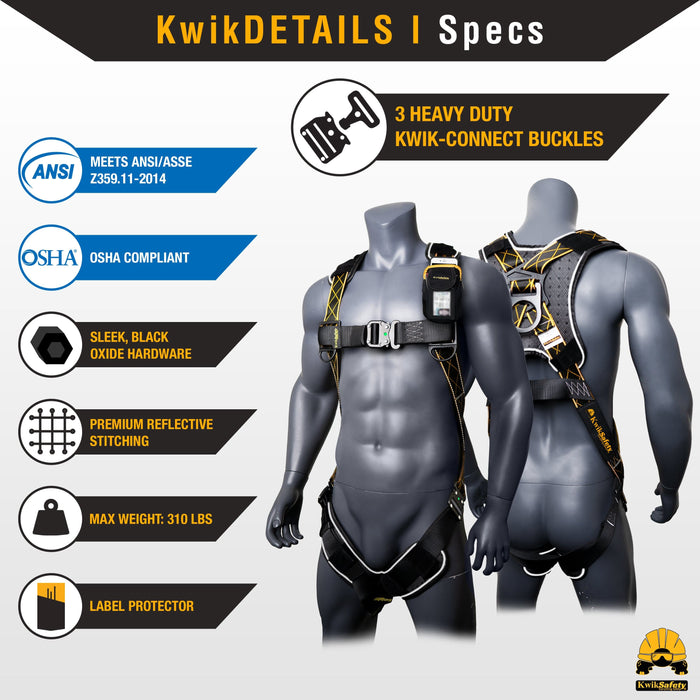 KwikSafety TORNADO DiamondBACK Safety Harness (3 Kwik-Connect Buckles) 1-D Ring Fall Protection ANSI OSHA - Model No.: KS6601DB - KwikSafety