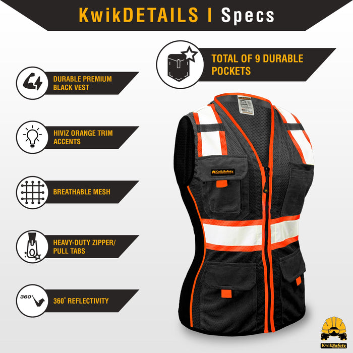 KwikSafety BLACK WIDOW Safety Vest for Women (SNUG-FIT) 9 Pockets Prem