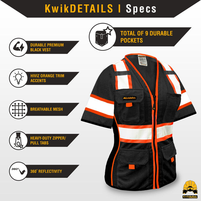 KwikSafety BLACK WIDOW Safety Vest for Women with Sleeves (SNUG-FIT) 9 Pockets Premium ANSI Class Unrated Slim Fitted Work Gear - Model No.: KS3319BWS - KwikSafety