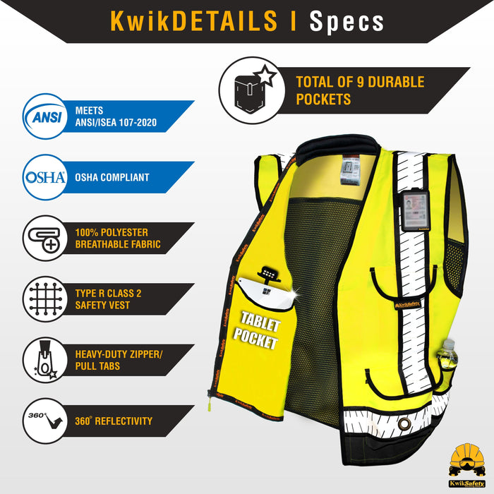 KwikSafety GODFATHER SPECIALIST Safety Vest [CUSHION COLLAR + 10 DELUXE POCKETS] Class 2 ANSI OSHA High Visibility Reflective Mesh - Model No.: KS3310SP - KwikSafety