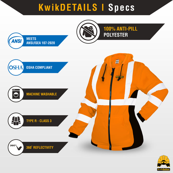 KwikSafety ROGUE Safety Hoodie for Women (NO FUZZ BALLS) Class 3 ANSI OSHA Reflective Fleece Hi Viz Construction PPE - Model No.: KS5517