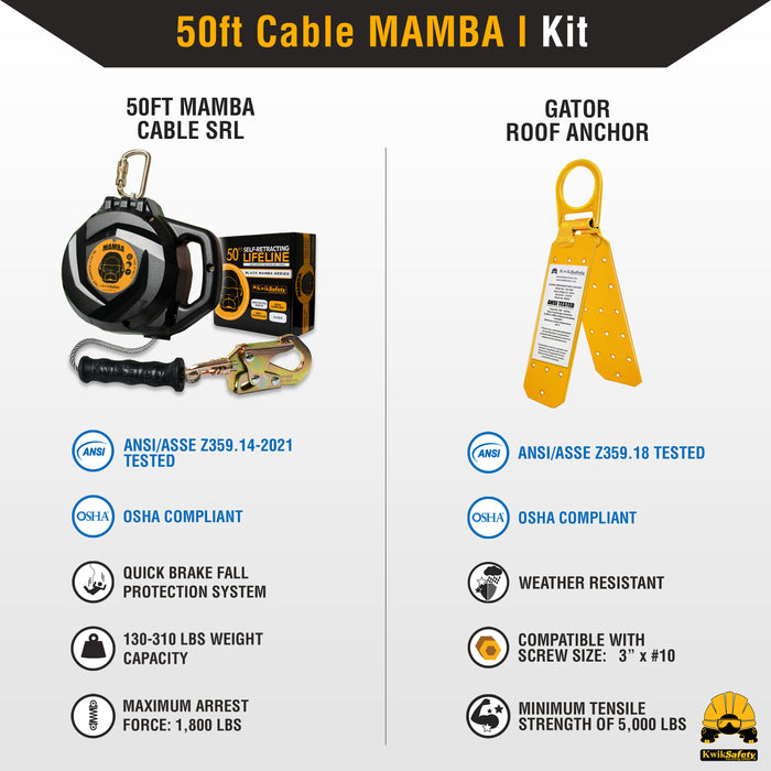 KwikSafety 50' MAMBA CABLE Self Retracting Lifeline ANSI Class 1 SRL - Model No.: KS7928 - KwikSafety