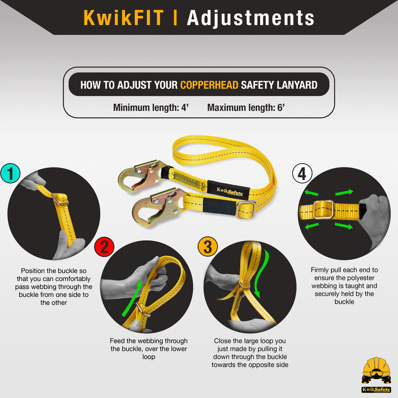 KwikSafety COPPERHEAD Single Leg 4' to 6' Adjustable Safety Lanyard No Shock Absorber - Model No.: KS7707 - KwikSafety