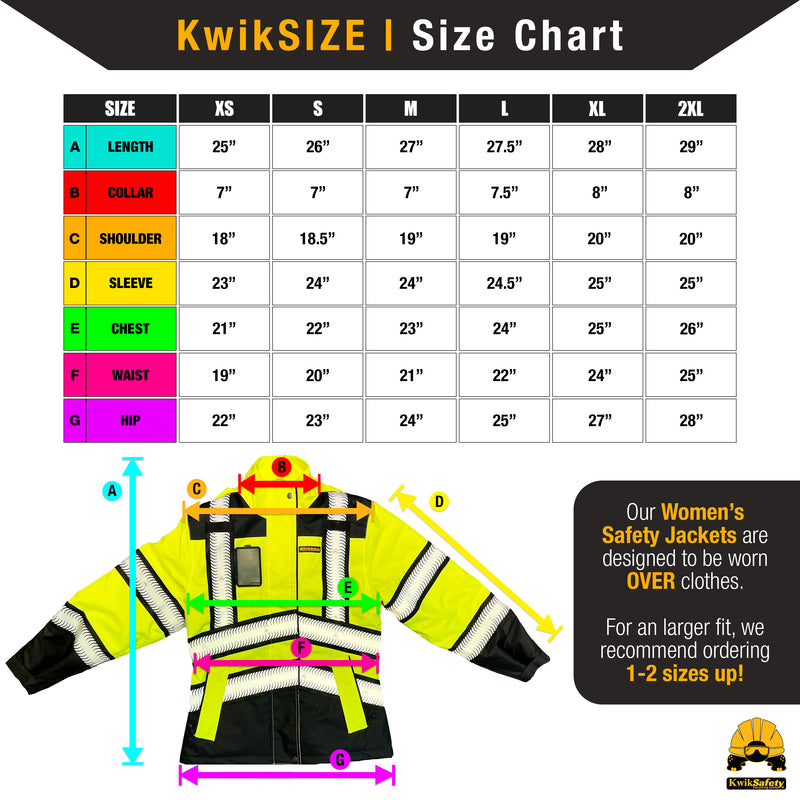 KwikSafety | Bombtress Hi Vis Bomber Jacket for Women | Size Chart