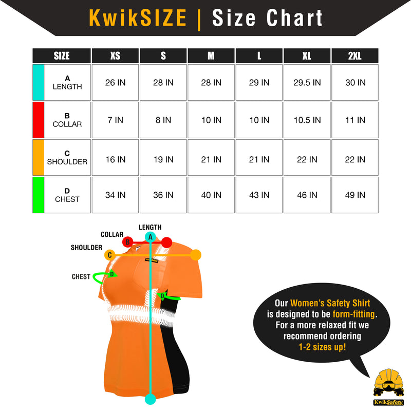 KwikSafety | Vixen Short Sleeve Safety Shirt | Size Chart