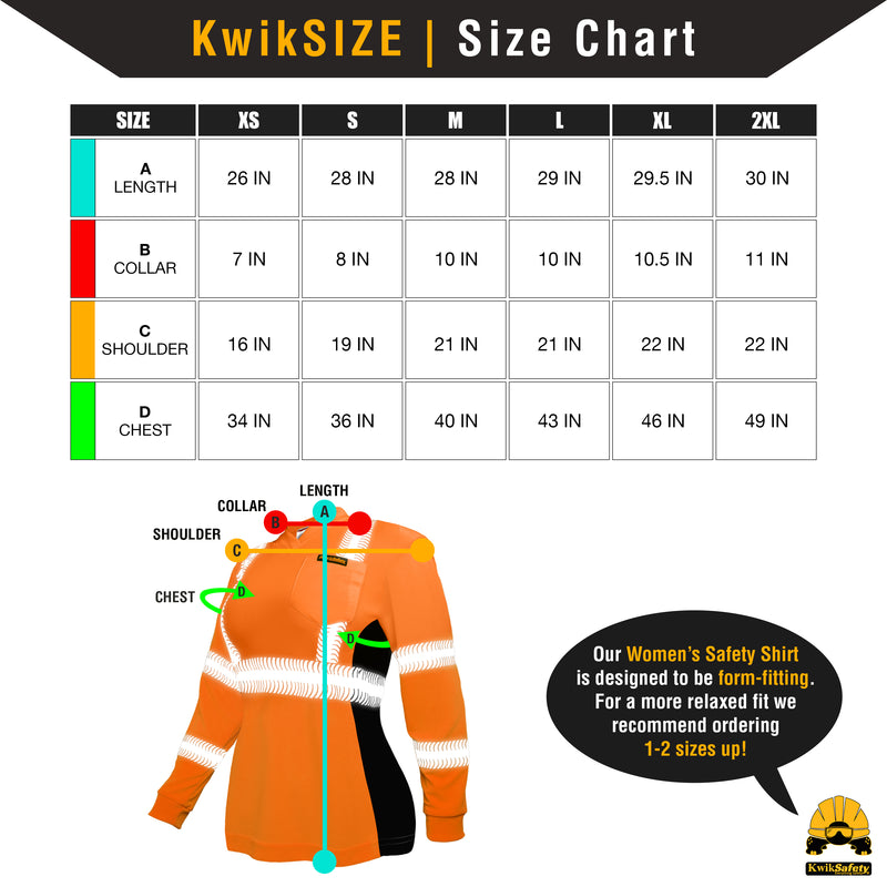KwikSafety | Vixen Long Sleeve Safety Shirt | Size Chart