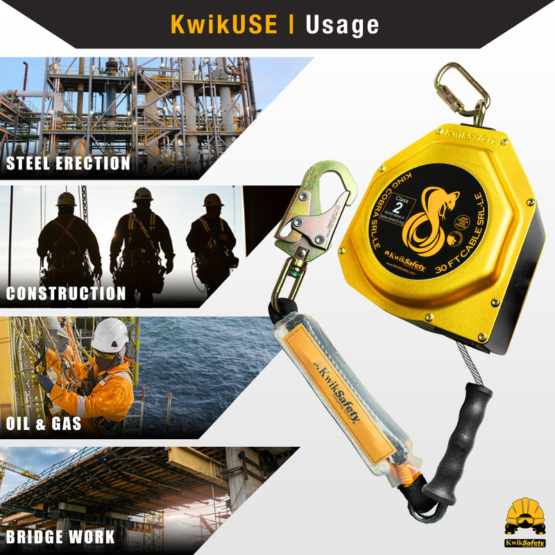 KwikSafety 30' LE COBRA CABLE Leading Edge Self Retracting Lifeline ANSI Class 2 SRL-LE - Model No.: KS7950 - KwikSafety