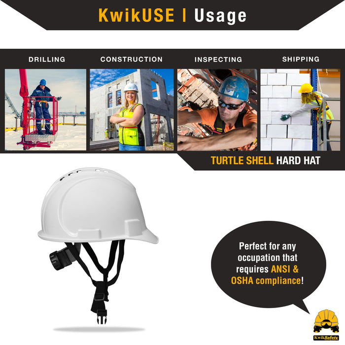 KwikSafety WHITE TURTLE SHELL Hard Hat (10 COOLING VENTS) Type 1 Class C ANSI Tested OSHA Compliant Standard Cap Style PPE - Model No.: KS1601 - KwikSafety