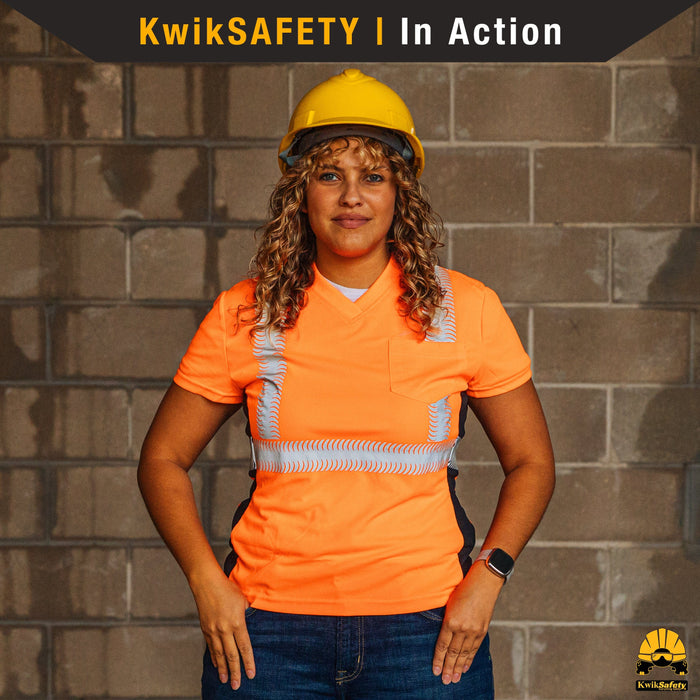 KwikSafety VIXEN Safety Shirt for Women (ANGEL HAIR TAPE) Class 2 Short Sleeve ANSI OSHA High Visibility Work Hi Vis Clothing - Model No.: KS4410 - KwikSafety