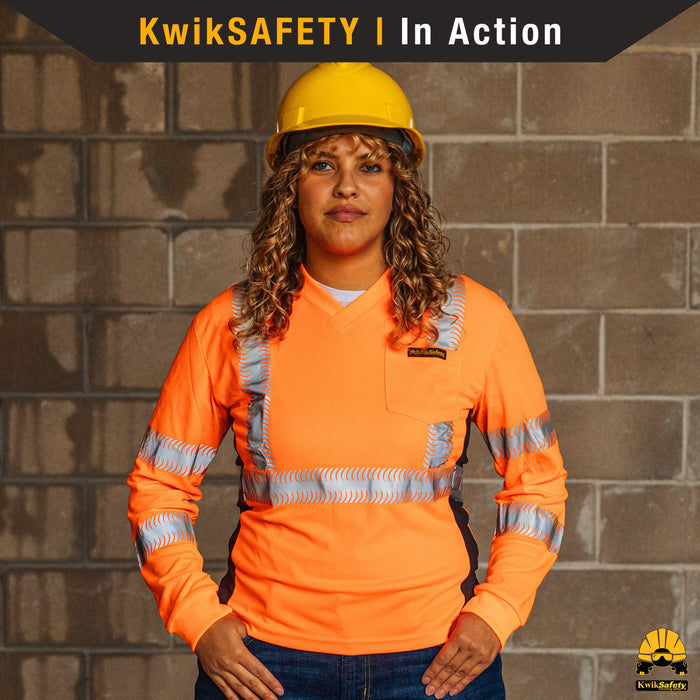 KwikSafety VIXEN Safety Shirt for Women (ANGEL HAIR TAPE) Class 3 Long Sleeve ANSI Tested OSHA Compliant Hi Vis Reflective PPE - Model No.: KS4410 - KwikSafety
