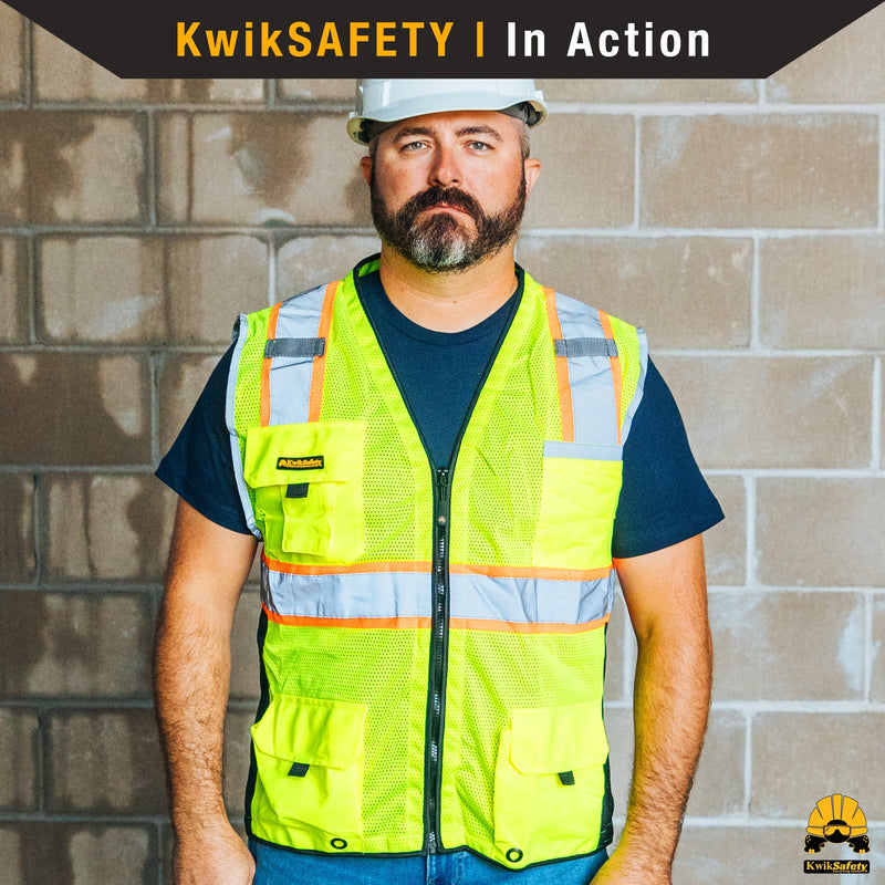 KwikSafety BIG KAHUNA Safety Vest (11 Pockets) Class 2 ANSI Tested OSHA Compliant Hi Vis Reflective PPE Surveyor - Model No.: KS3301 - KwikSafety