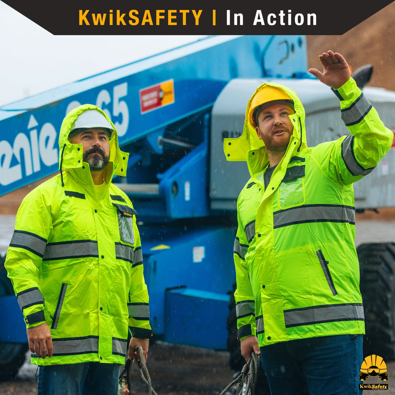 KwikSafety TORRENT Class 3 Safety Rain Jacket | Class 3, Type R Hi Vis Windproof Mens Work Rain Gear Reflective ANSI Tested OSHA Compliant - Model No.: KS5516 - KwikSafety