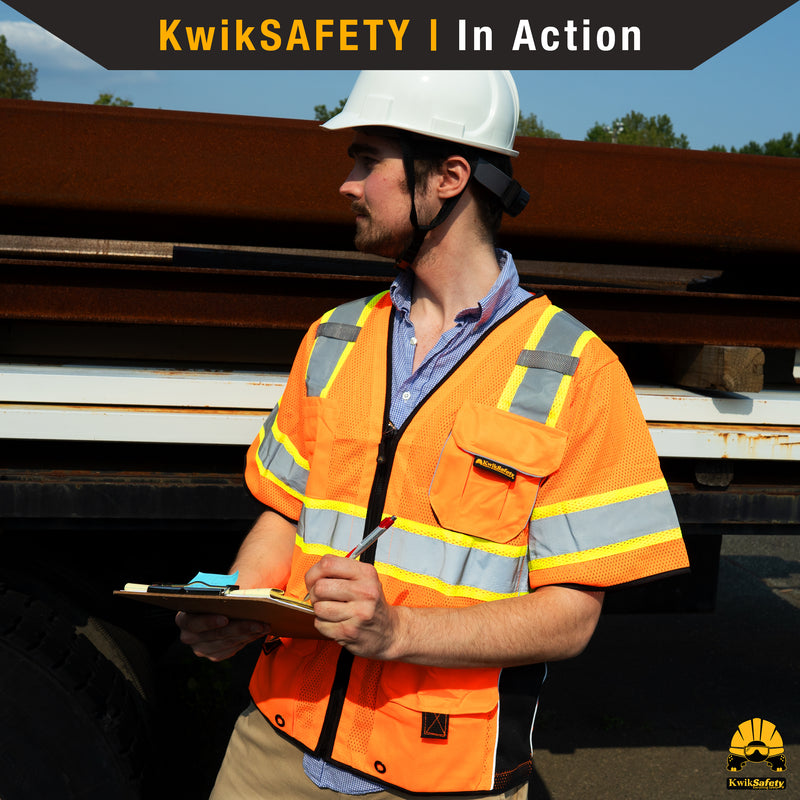 KwikSafety EXECUTIVE Safety Vest (10 Pockets) Class 3 ANSI Tested OSHA Compliant Hi Vis Reflective PPE Surveyor - Model No.: KS3303 - KwikSafety