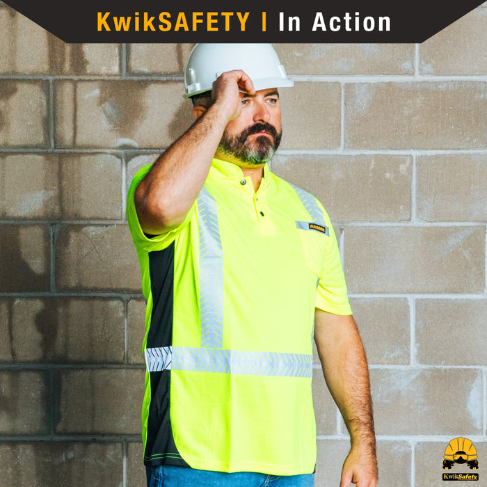 KwikSafety ESTIMATOR Safety Shirt (Y-NECK BUTTON UP) Class 2 Short Sleeve ANSI Tested OSHA Compliant Hi Vis Reflective PPE - Model No.: KS4407 - KwikSafety