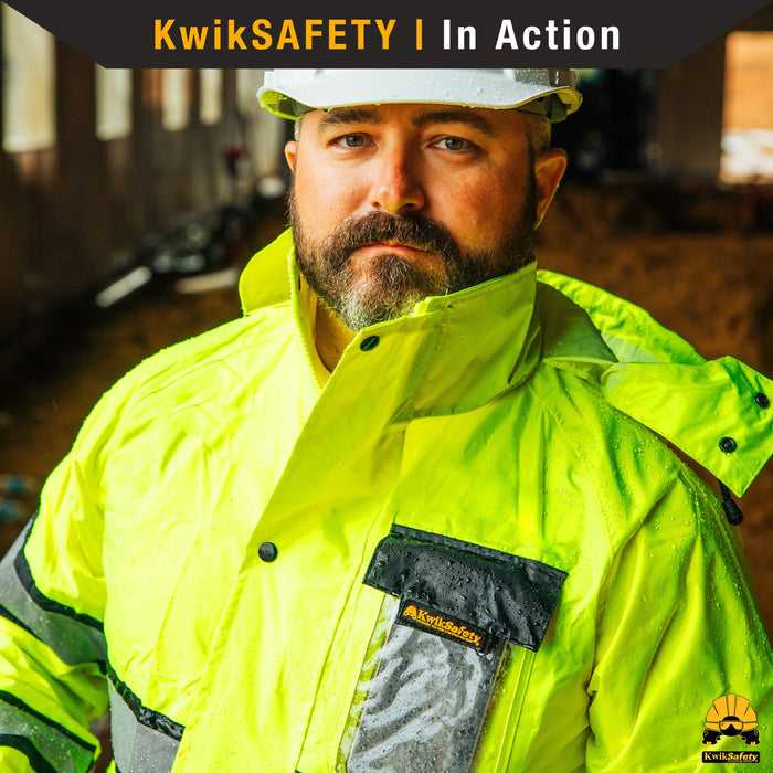 KwikSafety (Charlotte, NC) Torrent Class 3 Safety Trench Coat | High Visibility Waterproof Windproof Safety Rain Jacket | Hi Vis Reflective ANSI Work