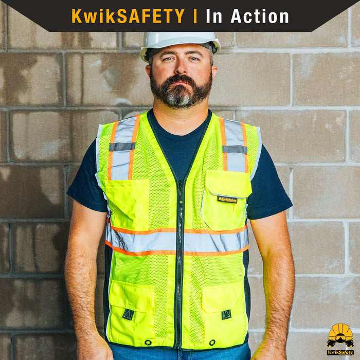 KwikSafety CLASSIC Safety Vest (JUMBO Pocket) Class 2 ANSI Tested OSHA Compliant Hi Vis Reflective PPE Surveyor - Model No.: KS3302 - KwikSafety