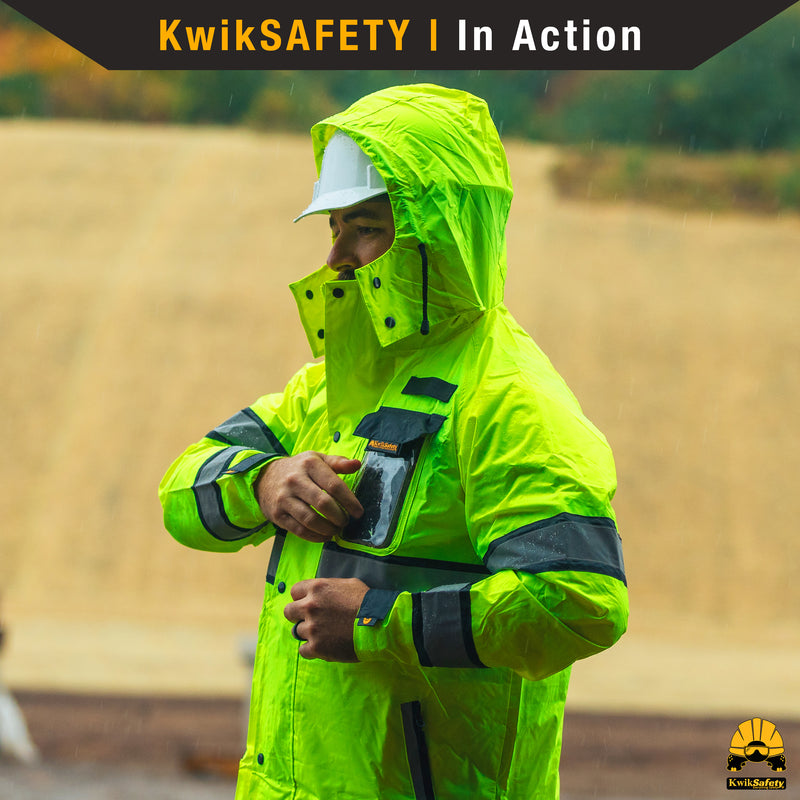 Kwiksafety (Charlotte, NC) TORRENT Class 3 Safety Trench Coat | High Visibility Waterproof Windproof Safety Rain Jacket