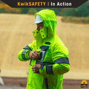 KwikSafety TORRENT High Visibility Rain Gear (FOLDABLE HOOD) Class 3, Type R ANSI Tested OSHA Compliant Hi Vis Trench Coat Reflective PPE - Model No.: KS5506 - KwikSafety