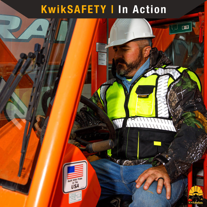 KwikSafety Marshal Safety Jacket Class 3 ANSI Osha Hi Vis Bomber Hoodie PPE | Yellow Large