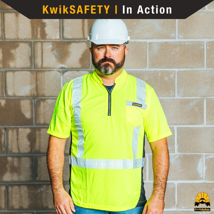 KwikSafety ENGINEER Safety Shirt (Y-NECK ZIPPER) Class 2 Short Sleeve ANSI Tested OSHA Compliant Hi Vis Reflective PPE - Model No.: KS4408