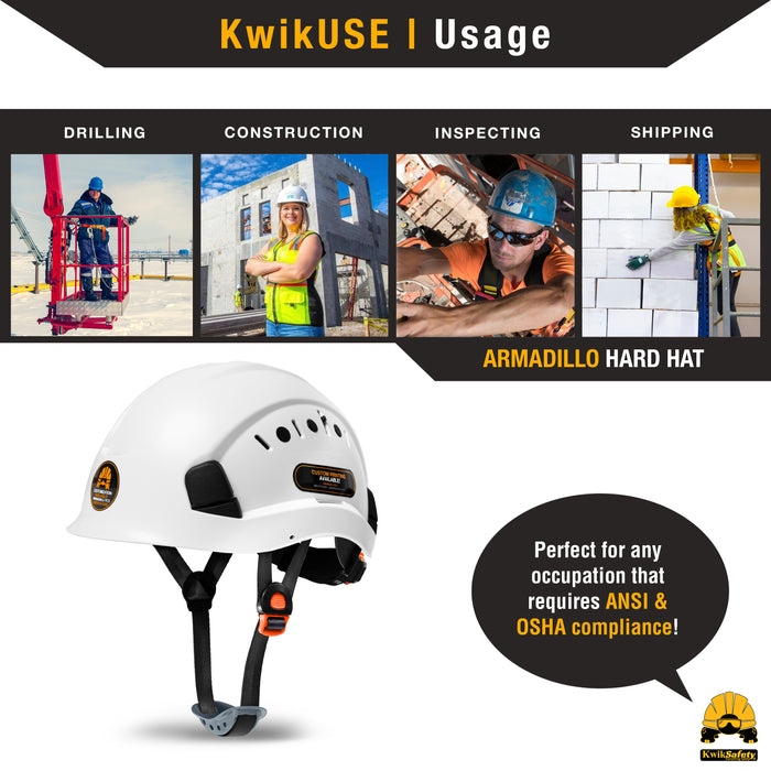 KwikSafety WHITE ARMADILLO Hard Hat (ADJUSTABLE COOLING VENTS) Type 1 Class C ANSI Tested OSHA Compliant Climbing Helmet PPE  - Model No.: KS8661WHT - KwikSafety