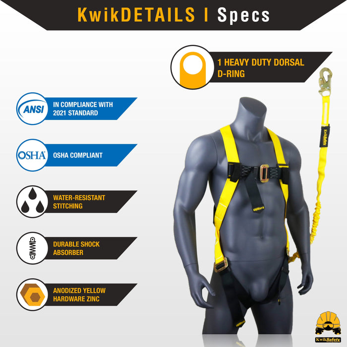 KwikSafety SCORPION ANSI Fall Protection Safety Harness w/ Attached 6ft Lanyard - Model No.: KS6604 - KwikSafety