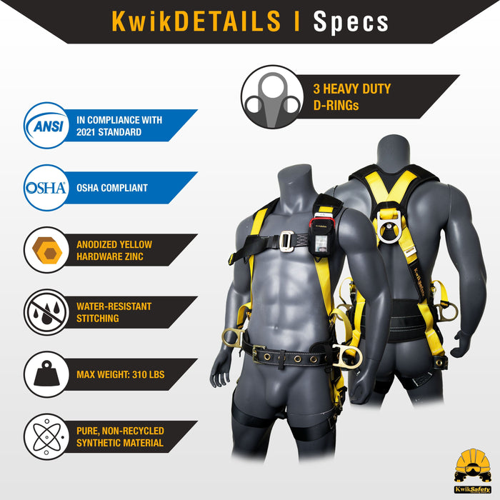 KwikSafety TYPHOON Safety Harness ANSI Fall Protection 3D Ring + Back Support - Model No.: KS6606 - KwikSafety