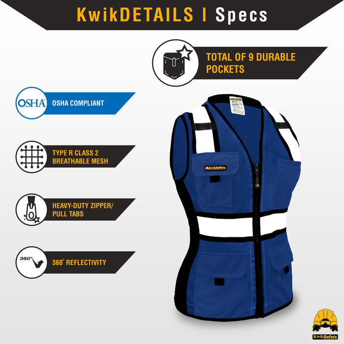 KwikSafety BLUE LADY Safety Vest for Women (SNUG-FIT) Hi Vis Reflective PPE Surveyor - Model No.: KS3319BL - KwikSafety