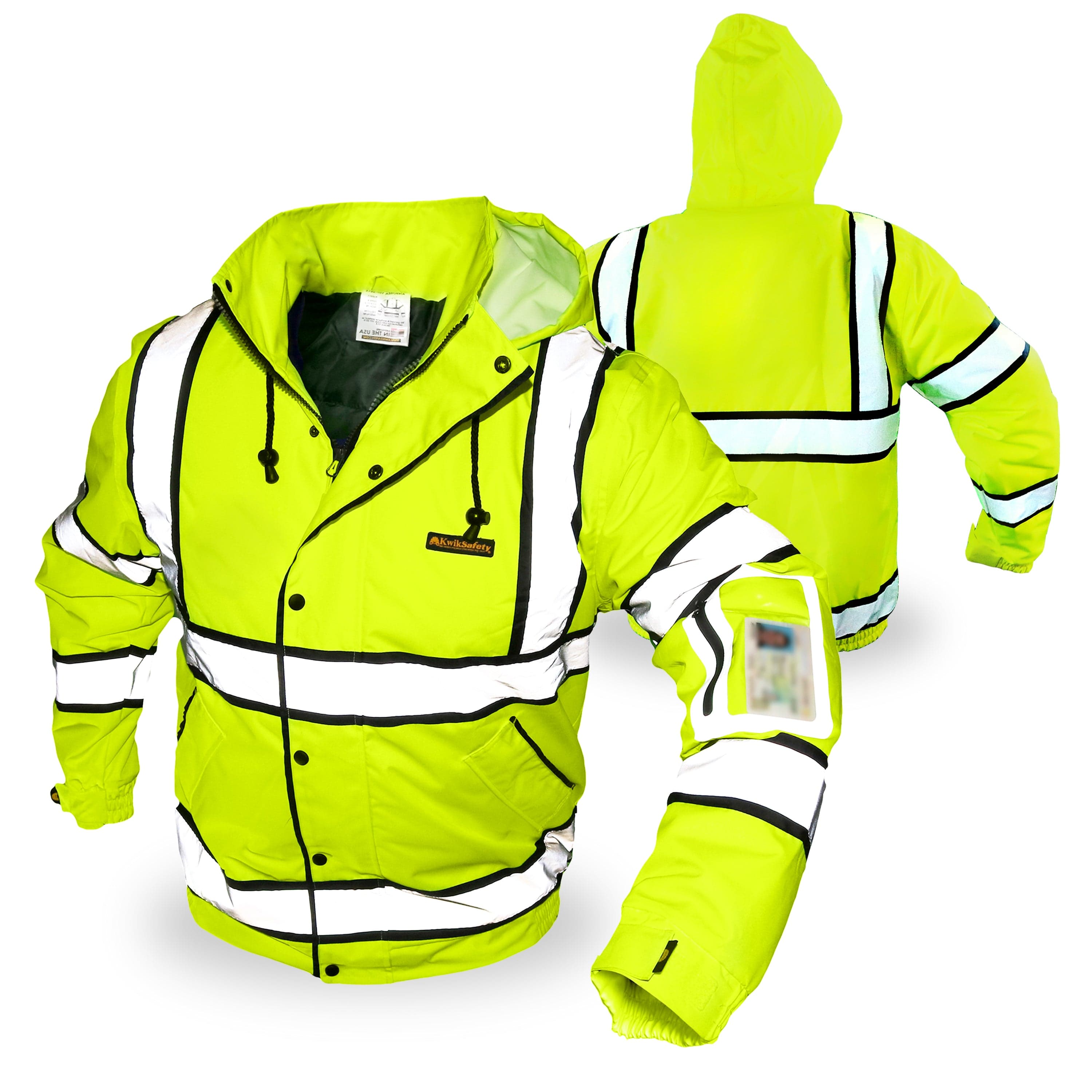 KwikSafety Marshal Safety Jacket Class 3 ANSI Osha Hi Vis Bomber Hoodie PPE | Yellow Large