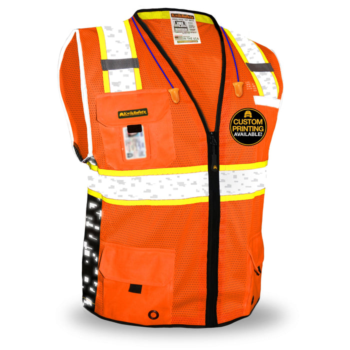 KwikSafety BIG KAHUNA DIGITAL Safety Vest (LIMITED EDITION) Class 2 ANSI Tested OSHA Compliant Hi Vis Reflective PPE Surveyor - Model No.: KS3301DG - KwikSafety - MPN: KS3301DG-ORG-SMALL