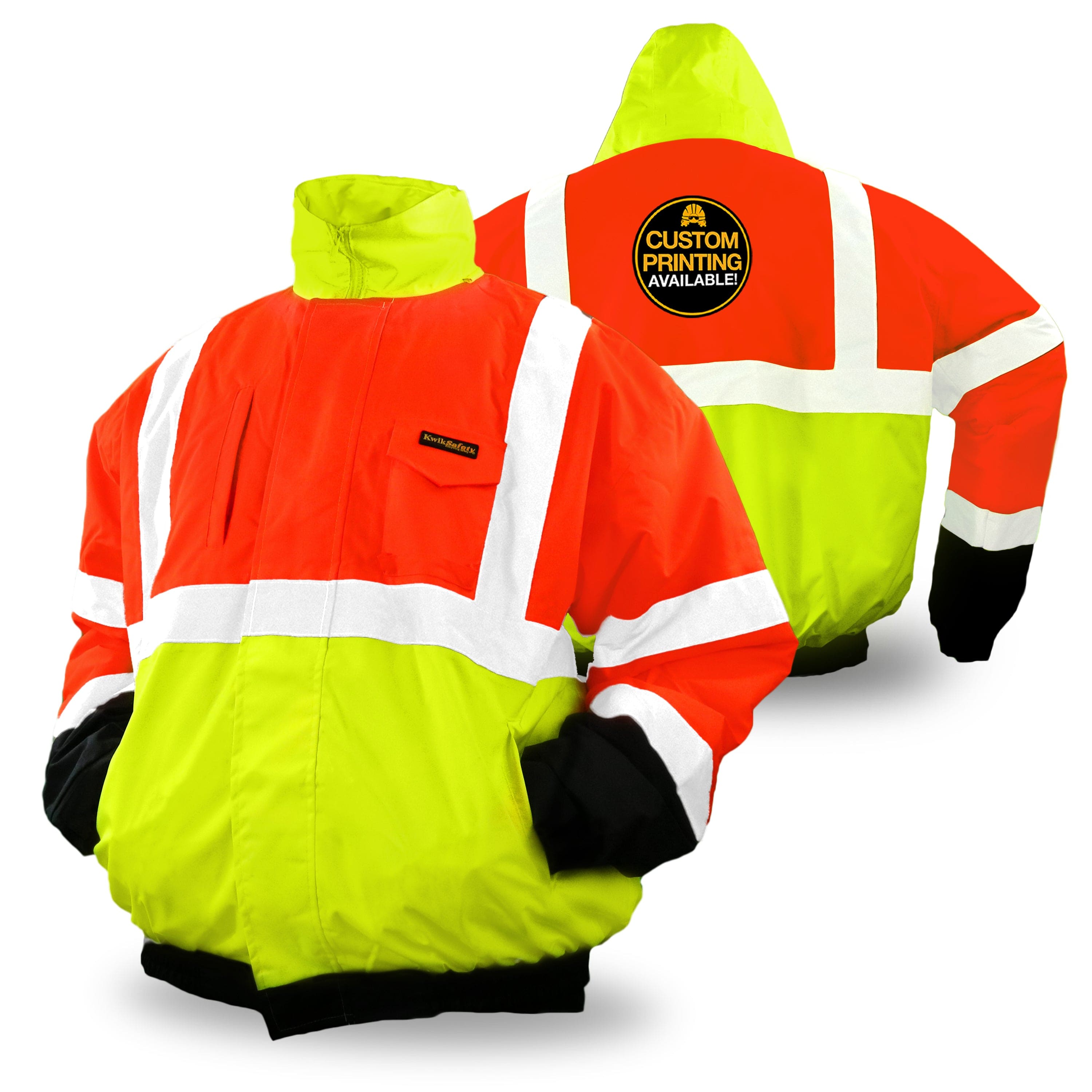 KwikSafety DISPATCHER Safety Bomber Jacket (FOLDABLE HOOD) Class ANSI  Tested OSHA Compliant Hi Vis Tri-Color Reflective PPE Model No.: KS5512  KwikSafety