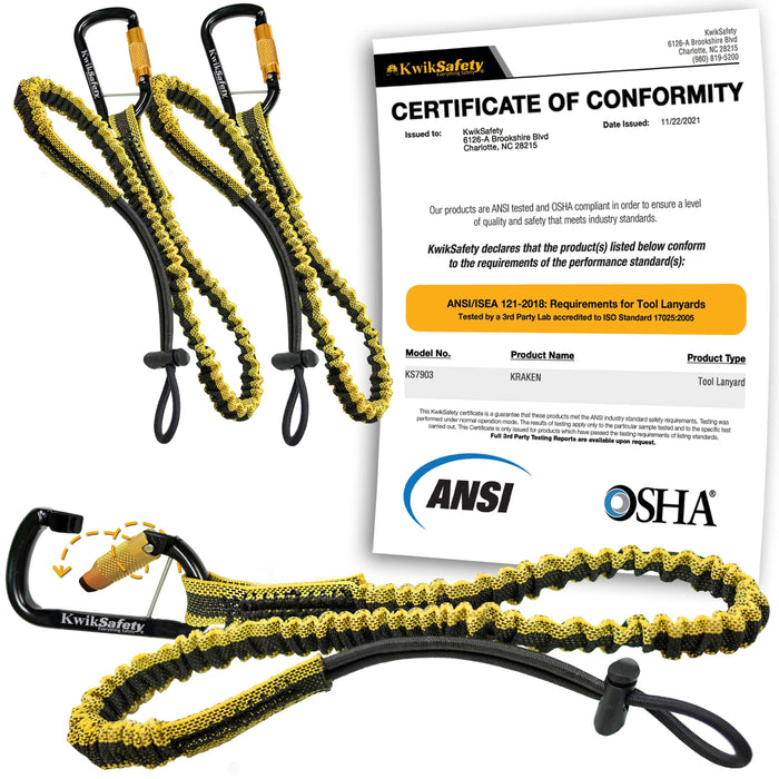 KwikSafety KRAKEN Heavy Duty ANSI Tested OSHA Compliant Bungee Tool Lanyard  w/ Carabiner Clip - Model No.:KS7903