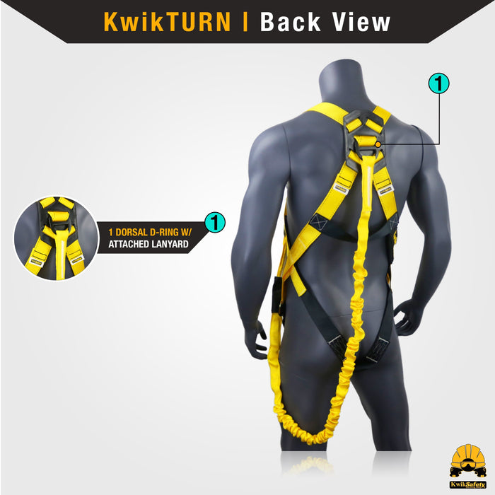 KwikSafety SCORPION ANSI Fall Protection Safety Harness w/ Attached 6ft Lanyard - Model No.: KS6604 - safety harness full body fall protection harnesses boom construction forklift restraint ansi osha personal roof roofing padded padding scaffold scissor lift aerial work ring arrest prevention retraint tongue compliant buckle back support