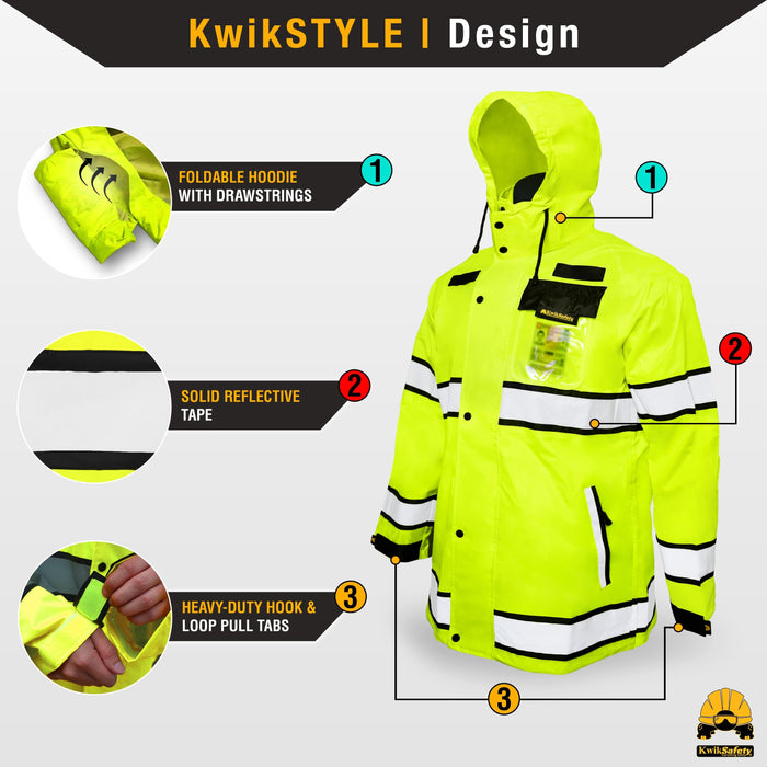KwikSafety Torrent Class 3 Safety Rain Jacket Hi Vis Reflective ANSI Osha Rain Gear | Yellow XL