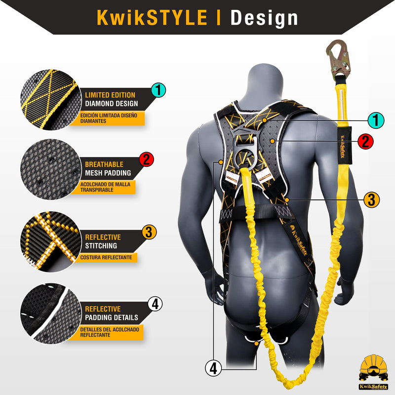 KwikSafety DIAMONDBACK SCORPION Safety Harness (w/ Attached 6 ft Lanyard) Fall Protection ANSI OSHA - KwikSafety