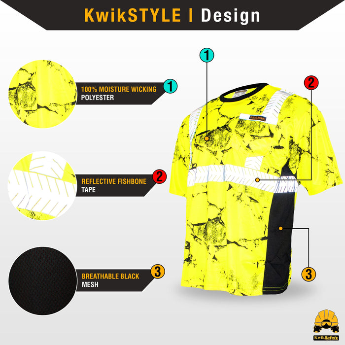 KwikSafety UNCLE WILLY'S WALL High Visibility Reflective Short Sleeve ANSI Class 2 Safety Shirt - Model No.: KS4405 - KwikSafety contruction reflectors highvis visability reflector longsleeve shirtz stripes strips hivisible green pockets running ropa trabajar trabajo hombres hombre zip button vest tall slogans logo uniform t-shirt hiviz camo t-shirts travajo resistant