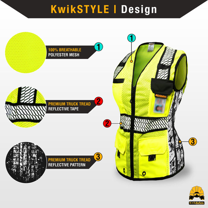 KwikSafety RoadBOSS PREMIUM | Truck Tread Reflective Tape |  Hi Visibility  Class 2 Safety Vest for Women - Model No.: KS3334 - KwikSafety: pink red blue purple white safty saftey hazard constrution standard woman womens chalecos para mujer trabjo surveyor chamarras run rad ians running pack reflectantes trabajo worker xsmall colored jk fr sal vus sleeve salz plus aafety hyco peer basic hot comstruction jacket