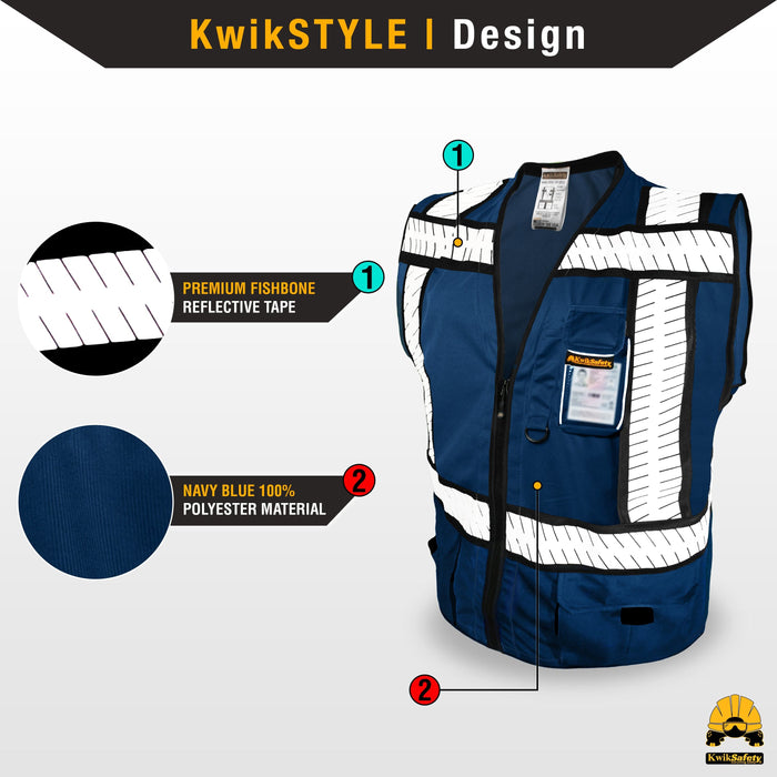 KwikSafety BLUE SHERIFF Safety Vest (Multi-Use Pockets) Class 2 ANSI Tested OSHA Compliant Hi Vis Reflective PPE Surveyor - Model No.: KS3305PB - KwikSafety