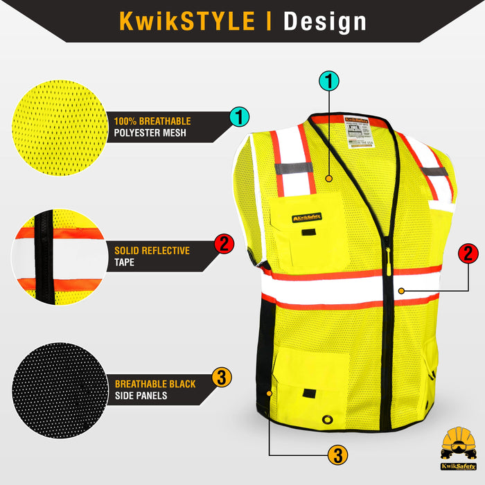 KwikSafety BIG KAHUNA Hi Vis Reflective ANSI PPE Surveyor Class 2 Safety Vest - Model No.: KS3301 - KwikSafety