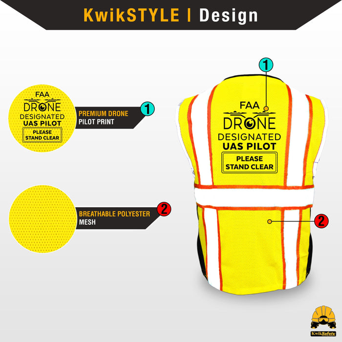 KwikSafety BIG KAHUNA PILOT Class 2 Hi Visibility Drone Safety Vest - Model No.: KS3301DR - KwikSafety