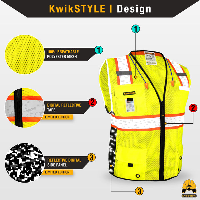 KwikSafety BIG KAHUNA DIGITAL Safety Vest (LIMITED EDITION) Class 2 ANSI Tested OSHA Compliant Hi Vis Reflective PPE Surveyor - Model No.: KS3301DG - KwikSafety