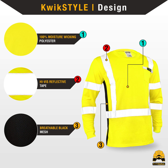 KwikSafety OPERATOR Hi Vis Reflective ANSI PPE Class 3 Long Sleeve Safety Shirt - Model No.: KS4404 - KwikSafety contruction reflectors highvis visability reflector longsleeve shirtz stripes strips hivisible green pockets running ropa trabajar trabajo hombres hombre zip button vest tall slogans logo uniform t-shirt hiviz camo t-shirts travajo resistant