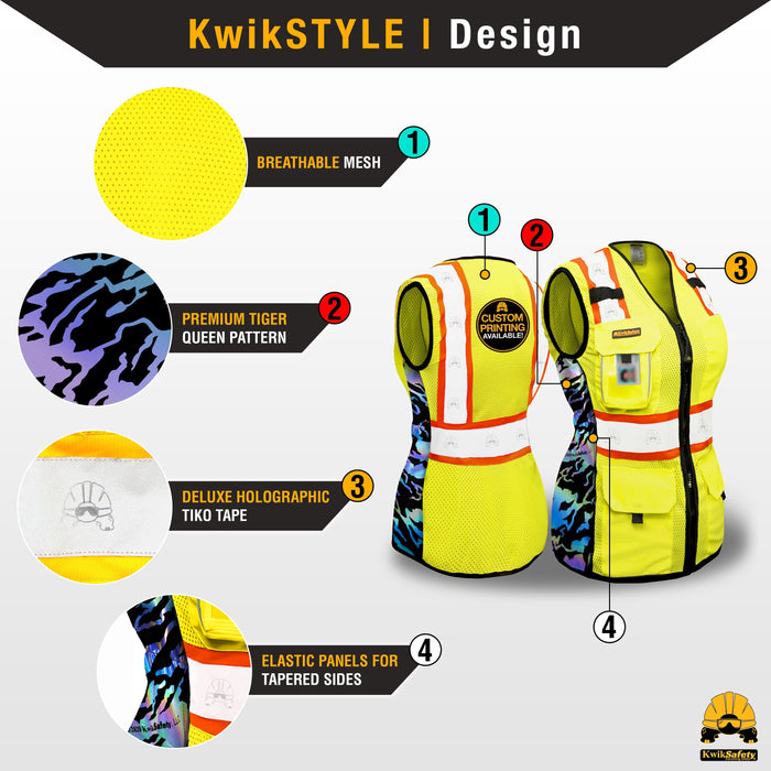 KwikSafety TIGER QUEEN (Limited Edition Iridescent Design) Hi Vis Reflective Safety Vest for Women - Model No.: KS3319TQ - KwikSafety: pink red blue purple white safty saftey hazard constrution standard woman womens chalecos para mujer trabjo surveyor chamarras run rad ians running pack reflectantes trabajo worker xsmall colored jk fr sal vus sleeve salz plus aafety hyco peer basic hot comstruction jacket