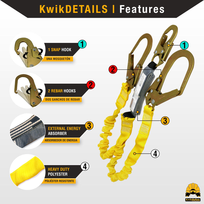 KwikSafety PYTHON 6' ANSI 2 Leg Fall Protection Safety Lanyard w/ Shock Absorber - Model No.: KS7702 - shock absorber arrest construction arborist snap hook welkforder tree guardian harness arnes single double leg personal gear equipment connector miller peakworks 6 4' scaffolding dbi sala ansi osha roofing