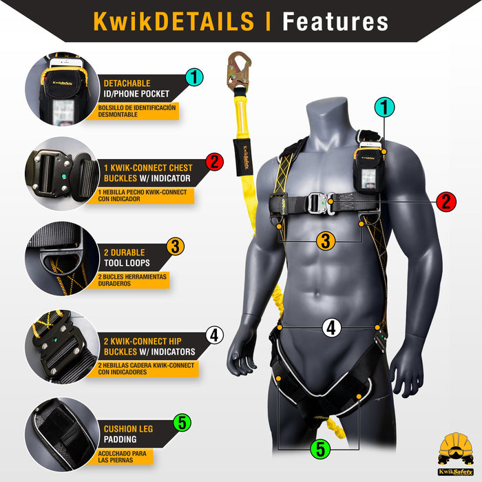 KwikSafety DIAMONDBACK SCORPION Safety Harness (w/ Attached 6 ft Lanyard) Fall Protection ANSI OSHA - KwikSafety