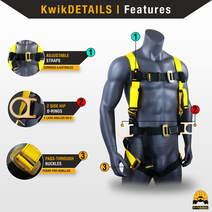 KwikSafety HURRICANE Safety Harness ANSI Fall Protection 3D Ring + Back Support - Model No.: KS6603 - safety harness full body fall protection harnesses boom construction forklift restraint ansi osha personal roof roofing padded padding scaffold scissor lift aerial work ring arrest prevention retraint tongue compliant buckle back support