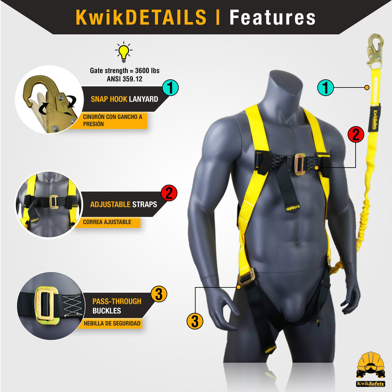 KwikSafety SCORPION ANSI Fall Protection Safety Harness w/ Attached 6ft Lanyard - Model No.: KS6604 - safety harness full body fall protection harnesses boom construction forklift restraint ansi osha personal roof roofing padded padding scaffold scissor lift aerial work ring arrest prevention retraint tongue compliant buckle back support