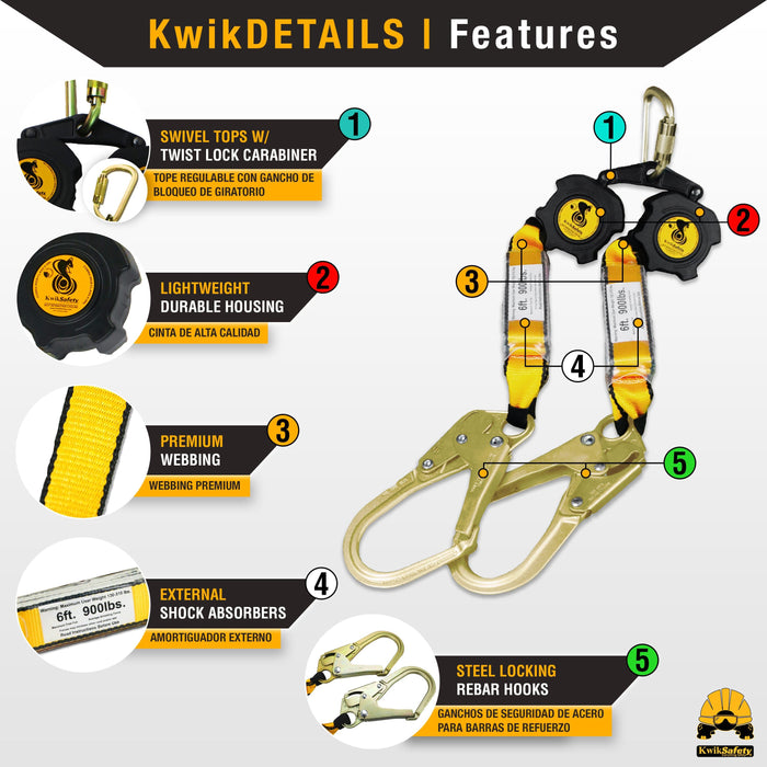 KwikSafety 6’ COBRA Twin Leg Self Retracting Lifeline ANSI Class B Poly Web SRL - Model No.: KS7915-6 - KwikSafety